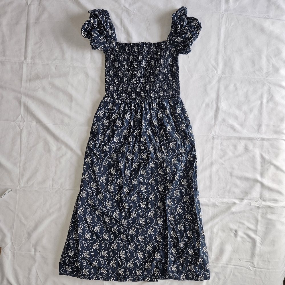 J Crew Re-imagined Womens XS Midi Dress Blue Starry Swirl Pockets Smocked Slit